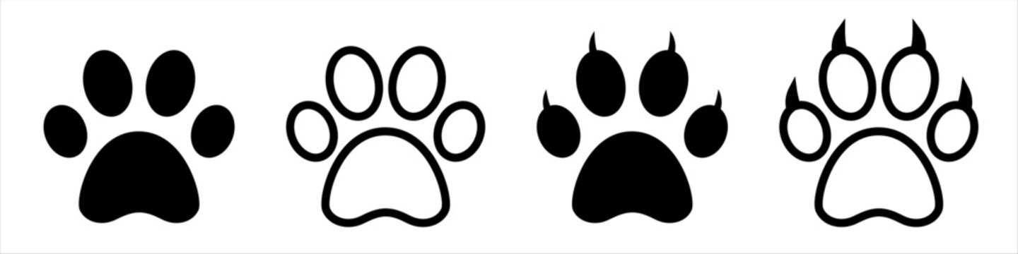Paw print set. Vector paw print icons. Dog, cat, bear, paw silhouette on isolated background. Vector EPS 10