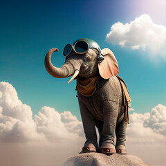Fototapeta premium elephant with pilot goggles on top of a cloud, cloudless sky background. AI