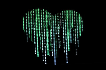 Heart-shaped composed of binary computer code on a black background. Virtual love.The concept of...