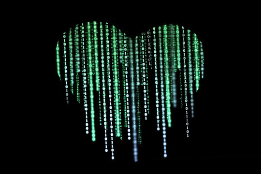Heart-shaped composed of binary computer code on a black background. Virtual love.The concept of artificial intelligence.