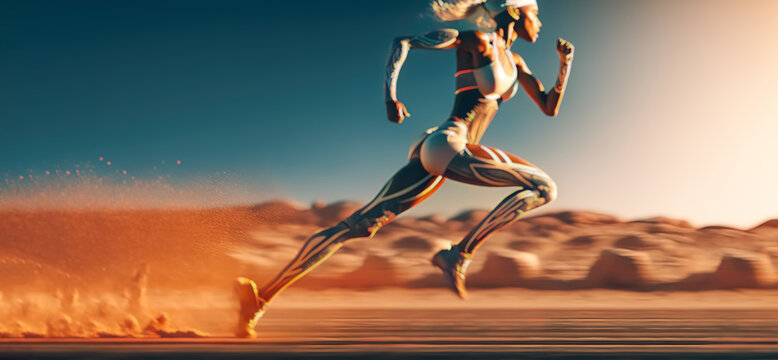 A strong athletic, woman sprinter, running on the race track wearing in the sportswear with motion speed blur. Fitness and sport motivation. Sport challenge concept with copy space. digital art