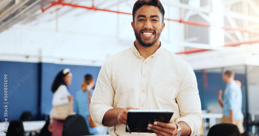 Poster tablet, planning and face smile of a businessman for web design, research and communication on mobil