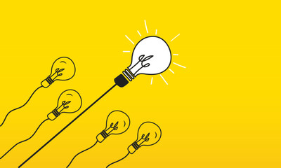 Bulb lit next to group of bulbs following it. Concept of a leader guiding a working group. Vector illustration