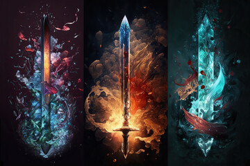 Fototapeta premium Three magical fantasy swords of the elements, Generative AI