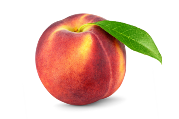 Peach with leaf isolated on white background.