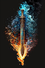 beautiful fantasy sword of the elements, colorful background, Generative AI