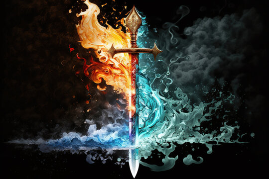 Magic fantasy sword of the four elements, fire, water, earth, air, Generative AI