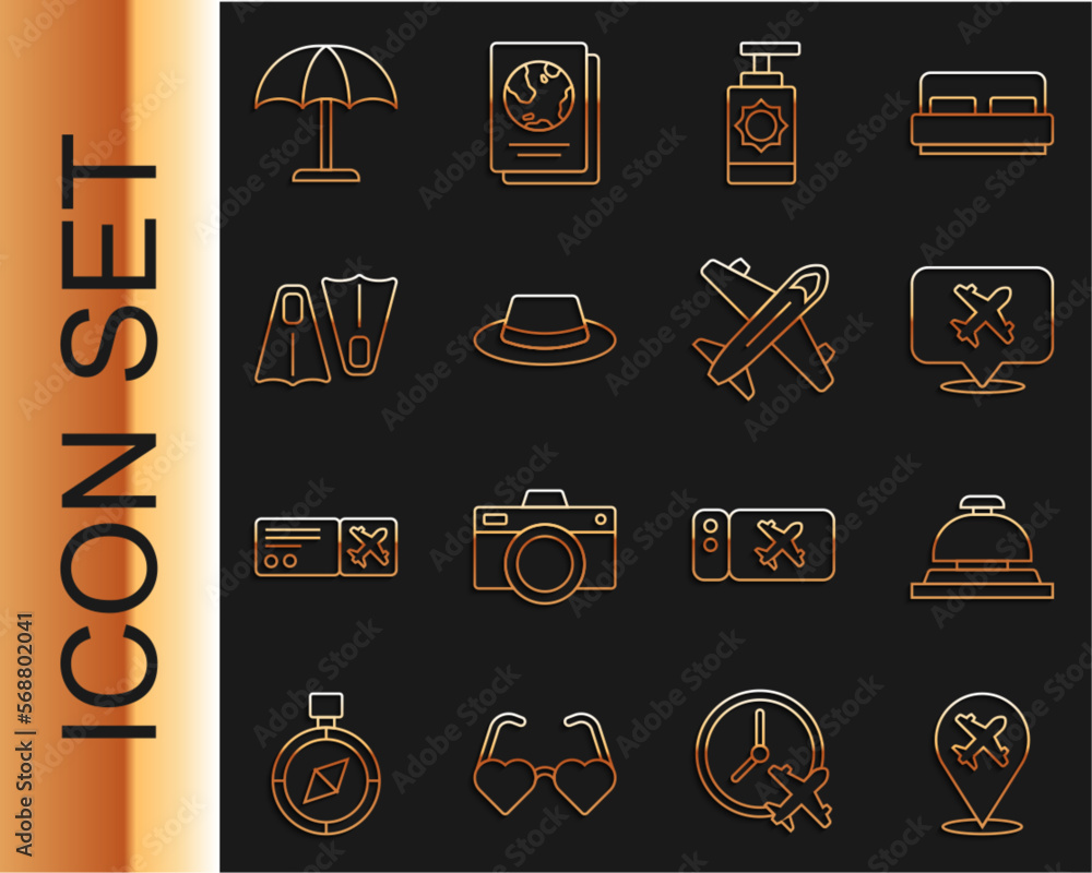 Poster Set line Plane, Hotel service bell, Speech bubble with airplane, Sunscreen spray bottle, Man hat ribbon, Rubber flippers for swimming, protective umbrella and icon. Vector