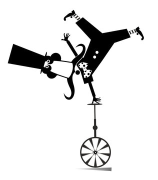 Funny man in the top hat balances on the unicycle. 
Cartoon in the top hat balances legs up on unicycle. Black and white illustration
