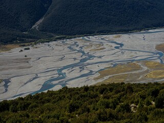 Alpine mountain valley landscape with braided river Waimakariri, Bealey Spur Track, Arthurs Pass,...