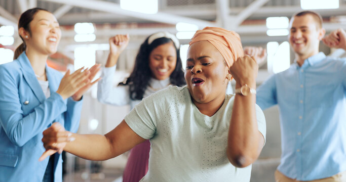 Creative Business People, Dancing And Celebration At Office For Teamwork, Achievement Or Corporate Goals. Group Of Happy Employee Staff In Dance Celebrating Together For Company Startup At Workplace