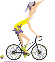 Man with a music player riding a bike.
Cycling young man listening music on player using headphones. Illustration on white background
