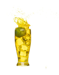 Splash spill lime juice down in ice cube glass, lime juice fall down in yellow liquid water. Green lime in juice throw splash in air. White background Isolated high speed shutter, freeze action