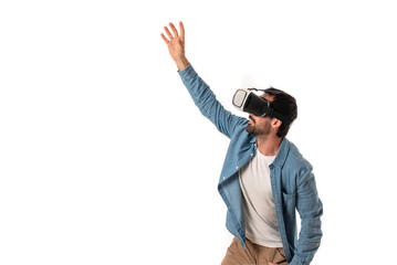 amazed man wears VR glasses raising his hand up isolated on white background, technology evolution concept