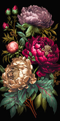 Peonies flowers in rich deep colors ,Baroque flowers, generative ai