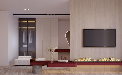 3d rendering,3d illustration, Interior Scene and  Mockup,bedroom interior design,furniture red color design.
