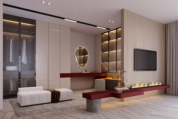 3d rendering,3d illustration, Interior Scene and  Mockup,bedroom interior design,furniture red color design.