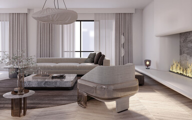 3d rendering,3d illustration, Interior Scene and  Mockup,Living Room Interior design,The large sofa in the room uses bright colors.