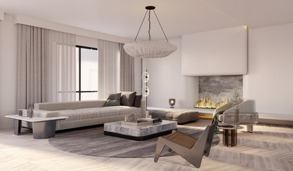 3d rendering,3d illustration, Interior Scene and  Mockup,Living Room Interior design,The large sofa in the room uses bright colors.