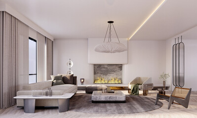 3d rendering,3d illustration, Interior Scene and  Mockup,Living Room Interior design,The large sofa in the room uses bright colors.