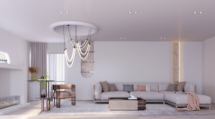 3d rendering,3d illustration, Interior Scene and  Mockup,Living Room Interior design,The large sofa in the room uses bright colors.