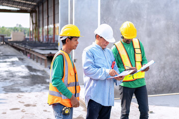 At building construction site supervisor check quality precast concrete panel before installation