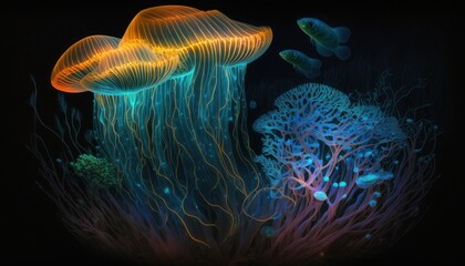 Obraz premium Fantastic bioluminescent micro organisms. Beautiful, fantasy background. Generative AI.
