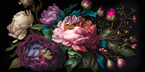 Peonies flowers in rich deep colors ,Baroque flowers, generative ai