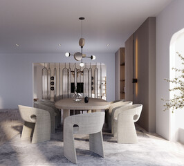 3d rendering,3d illustration, Interior Scene and  Mockup,dinning room in the mock up,white wall.