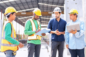 At building construction site engineer check quality precast concrete panel before installation