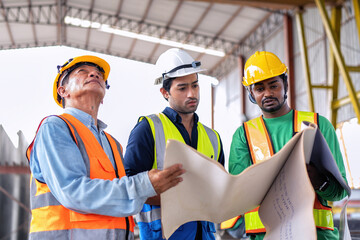 At construction site engineer check drawing correctness concrete mold before pouring concrete