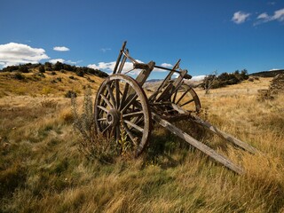 Fototapeta na wymiar Remains of old traditional wooden wheel cart, agriculture farming tool in high grass at Bendigo settlement New Zealand