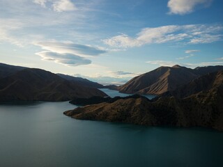 Panorama view of mountain lake nature landscape on Benmore Peninsula and Waitaki River in...