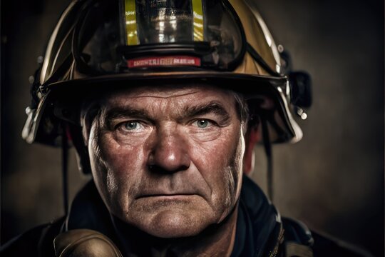 Generative AI illustration of mature firefighter in helmet