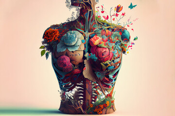 Generative AI illustration of human body model covered with bright flowers