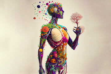 Generative AI illustration of colorful human body with tree