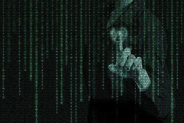 Obraz na płótnie Canvas A hand pressing a virtual button with a matrix binary digital code, a hologram on a dark background. artificial intelligence
