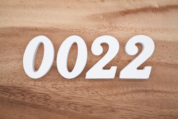 White number 0022 on a brown and light brown wooden background.