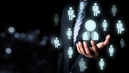 Human Resources HR management Recruitment Employment Headhunting Concept. Customer care, care for employees, human resources, employment agency and marketing segmentation concepts. Leader manage.