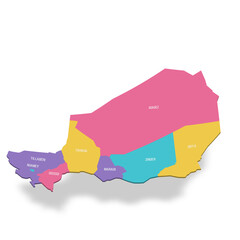 Niger political map of administrative divisions - regions and capital city of Niamey. 3D colorful vector map with name labels.
