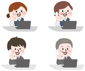 デスクで電話をする会社員たちのセットイラスト