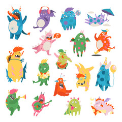 Comic Monsters with Horns and Wings Playing Trumpet and Having Fun Big Vector Set