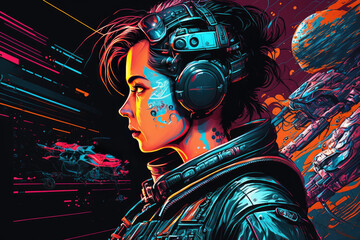 Virtual reality girl headset futuristic action vibrant color flat design wallpaper background. Generative AI illustration
