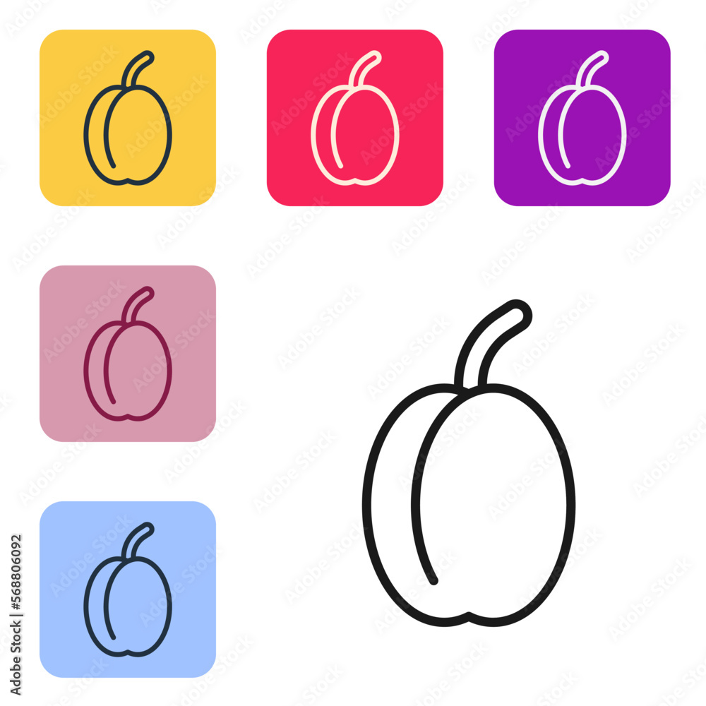 Poster black line plum fruit icon isolated black line background. set icons in color square buttons. vector