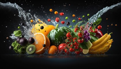 Fototapeta na wymiar Fresh fruit, vegetables and green leaves with water splash.