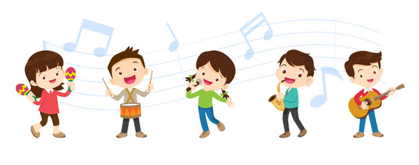 Play music concept of children group.Cartoon dancing kids and kids with musical instruments.cute child musician various actions playing music