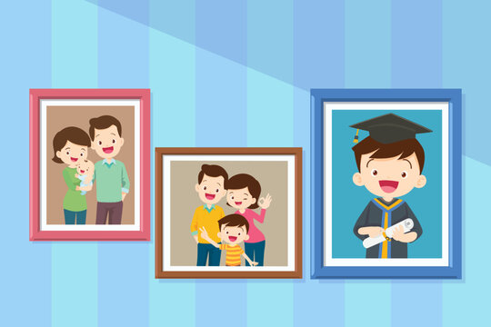 Graduation student boy growing Happy in photo frame with family