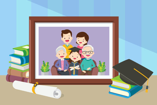 Graduation student girl Happy in photo frame with family