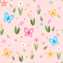Spring flower pattern tulips cherry blossom and butterflies