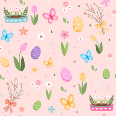 Spring flower pattern tulips cherry blossom and butterflies
